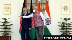 عبدالله عبدالله رئیس شورای عالی مصالحه ملی افغانستان با وزیر خارجه هند در دهلی جدید