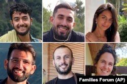 În imagini, cei șase ostatici ale căror cadavre au fost recuperate din Fâșia Gaza: Hersh Goldberg-Polin, Ori Danino, Eden Yerushalmi (în rândul de sus, de la stânga la dreapta); Almog Sarusi, Alexander Lobanov, and Carmel Gat (în rândul de jos, de la stânga la dreapta).