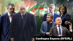 Делян Пеевски, Бойко Борисов, Тошко Йорданов, Костадин Костадинов, Корнелия Нинова и Ангел Джамбазки на фона на протеста срещу бежанския център в столичния квартал "Овча купел" от 12 март 2024 г. Колаж.