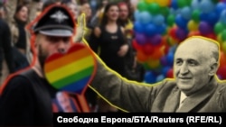 Колаж със социалистическия лидер Тодор Живков на фона на снимка от шествието Прайд в София