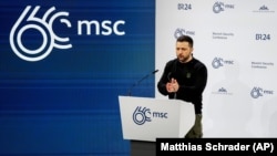 Президент України Володимир Зеленський під час виступу на Мюнхенській конференції з безпеки. Мюнхені, 17 лютого 2024 року 