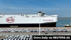 BYD электр унаалары Кытайдын Жянсу провинциясындагы Ляньюнганг портунда экспортко жүктөө үчүн даярдалып турат. (архивдик сүрөт)