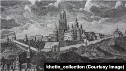 Верхня лавра зі Свято-Успенським собором та дзвінницею. Фрагмент гравюри 1820 року