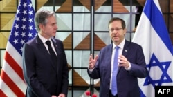 انتونی بلینکن وزیر خارجه آمریکا (چپ) حین صحبت با رئیس جمهور اسرائیل در تل ابیب