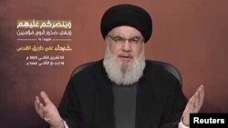 Хасан Насрала, чието местонахождение не е известно, направи изявление, предавано по видеовръзка.