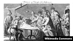 Карикатура 1772 года, иллюстрирующая первый раздел Речи Посполитой: польский король Станислав II Август слева со связанными руками, монархи России, Австрии и Пруссии рассматривают карту, остальные государи Европы в роли зрителей
