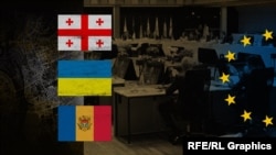 Վրաստանի, Ուկրաինայի, Մոլդովայի և ԵՄ դրոշները: 