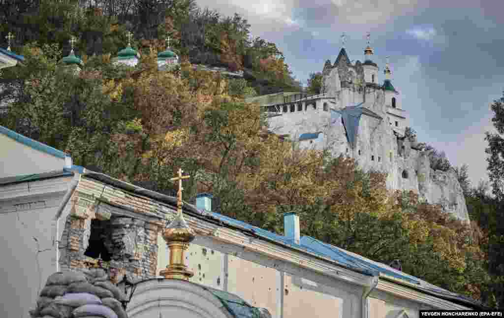 A photo captured on October 3 reveals some of the damage to the monastery that overlooks the Siverskiy Donets River. Ukrainian forces recaptured the town of Svyatohirsk from Russian troops in September. &nbsp;