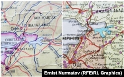 Кыргыз ССРинин 1983-жылкы жана 1987-жылы картасы. Бул карталар да Москвада жарык көргөн. "Кемпир-Абад" суу сактагычына суу топтолуп, сексенинчи жылдардын аягына чейин аянт кеңейгени чагылдырылган.