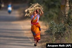 O femeie din India cară lemne de foc după o zi de muncă într-un câmp de orez la marginea orașului Gauhati - 1 februarie 2019