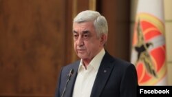 Armenia - Former President Serzh Sarkisian speaks at the headquarters of his Republican Party, Yerevan, April 14, 2025.