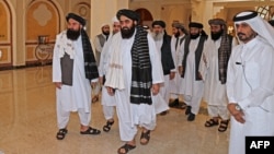 The Taliban delegation arrives in Doha for an earlier round of talks with the European Union on October 12.