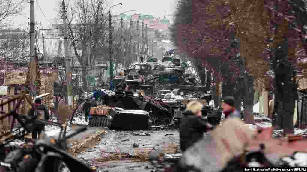 Destroyed Russian armor litters a street in the city of Bucha near Kyiv on March 1, 2022. Russian forces failed to encircle or capture the capital and eventually withdrew from the region.