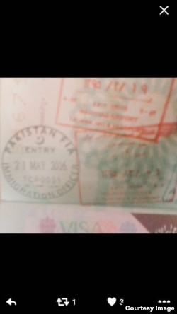 The Iranian and Pakistani immigration stamps on the Pakistani passport the Afghan Taliban leader was allegedly carrying.