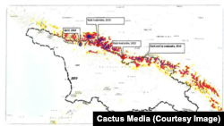 Вторая карта ледников, на которой Национальное агентство по охране окружающей среды отметило потенциальную природную опасность –камнепад. Включает Девдораки [в 2014 году] и Шови [в 2023 году]. Хевсурети не был отмечен здесь до 2024 года.