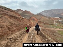 Таалайгүл небереси менен сууга бара жатат.