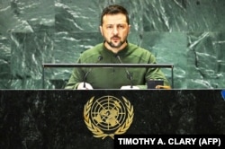 Президент України Володимир Зеленський під час виступу на Саміті майбутнього у штаб-квартирі ООН у Нью-Йорку, 23 вересня 2024 року