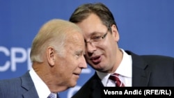 Then-U.S. Vice President Joe Biden (left) with Aleksandar Vucic in Belgrade in August 2016