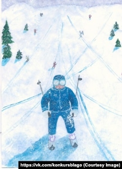 Путин-горнолыжник. Рисунок 14-летней Айгузель Камаловой