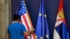Ilustrativna fotografija, zastave Srbije, Evropske unije i Sjedinjenih Američkih Država u zgradi Predsedništva Srbije, novembar 2019. 