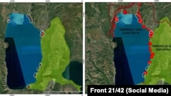 Охридско Езеро: Лево - девет „жешки точки“ на биолошка разновидност на брегот. Десно-планови за понатамошна урбанизација и трансформација.