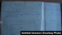 1908-жылы туулган Жолой Ишаевдин Жумушчу  дыйкан Кызыл армиясынын катарына 1940-жылы чакырылганын тастыктаган  чарбалык китептеги 1944-жылкы жазуу. Украина.