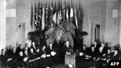 The official signing ceremony creating the North Atlantic Treaty Organization on April 4, 1949