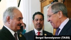Khalifa Haftar (left) meets with Russian Foreign Minister Sergei Lavrov in Moscow in August 2017.