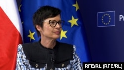 EU Enlargement Commissioner Marta Kos is interviewed by RFE/RL in Prague.