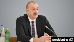Azerbaijan - Azerbaijani President Ilham Aliyev speaks at an international forum in Baku, April9, 2025.