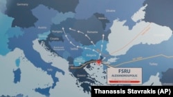 O hartă din 2020, sugerând rute pentru transportul de gaze de la terminalul LNG de la Alexandroupolis în Grecia către nordul Europei 
