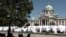 White tents in front of Serbian Parliament