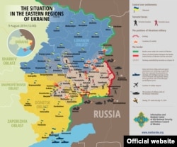 Карта ситуации на юго-востоке Украины 9 августа 2014 года.