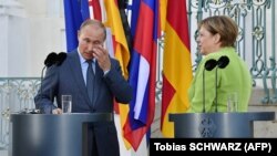 Володимир Путін та Анґела Меркель вийшли до журналістів поблизу замку Мезеберґ перед початком офіційної зустрічі