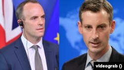 Говорителят на Държавния департамент на САЩ Нед Прайс (вдясно) и британският външен министър Доминик Рааб. 