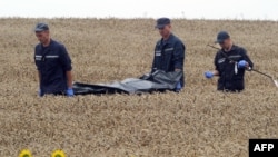 Українські рятувальники несуть тіло жертви катастрофи літака MH17, 19 липня 2014 року, Грабове, Донецька обасть, Україна