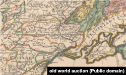 Фрагмент мапи Московії авторства Нікола Сансона та Юбера Жайо, видана приблизно 1700 року. Чітко видно, що Україна на ній є і позначена «Країною козаків», а також українська територія не зафарбована як Московія