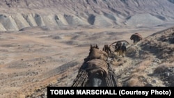 Памир. Боз үйлөрүн чогултуп, кыштоого бара жаткан тургундар.