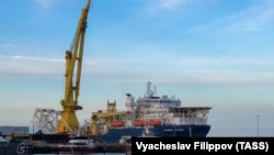 Russia's Akademic Chersky pipe-laying vessel is seen in Germany's Mukran Port on May 30.