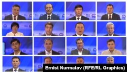 КТРКдан кайрылуу жасаган 16 партиянын лидерлери жана мүчө талапкерлери. Коллажда өкүлдөрдүн сүрөттөрү Борбордук шайлоо комиссиясы чүчү кулактан кийин бекиткен тартип менен жасалды.