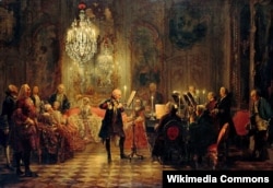 Прусский король Фридрих II за любимым хобби - игрой на флейте. Картина Адольфа фон Менцеля