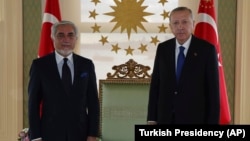 Turkish President Recep Tayyip Erdogan (right) and Abdullah Abdullah, chairman of the High Council for National Reconciliation of Afghanistan, meet for talks in Istanbul on November 20, 2020.