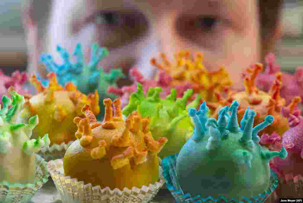 Pralinele în formă de anticorpi la coronavirus, la cofetăria Roth din Erfurt, Germania. Ideea creației acestor praline a apărut în timpul unui târg regional, atunci când, la standul maestrului cofetar Torsten Roth, nu s-a prea prezentat nimeni din cauza crizei coronavirusului.