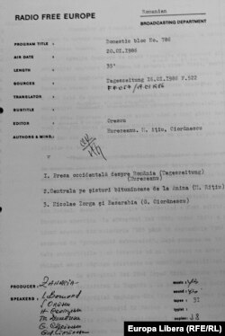 Pagină de titlu a unui script al emisiunii Actualitatea Românească