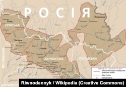 Мапа слобідських українських полків у 1764 році в межах сучасного російсько-українського кордону, який позначений білим кольором