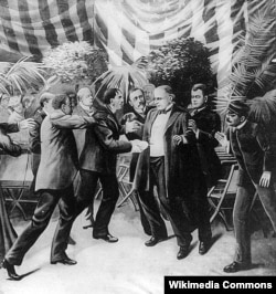 Малюнок Т. Дарта Вокера: вбивство президента Вільяма Мак-Кінлі Леоном Чолгошем на прийомі Панамериканської виставки 6 вересня 1901 року