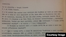 Extras din prima pagină a scriptului emisiunii lui V. Ierunca realizată pe baza unei scrisori primite din România de la inginerul Gheorghe Ursu (Foto: Hoover Archives/Prof. Sergiu Musteață)