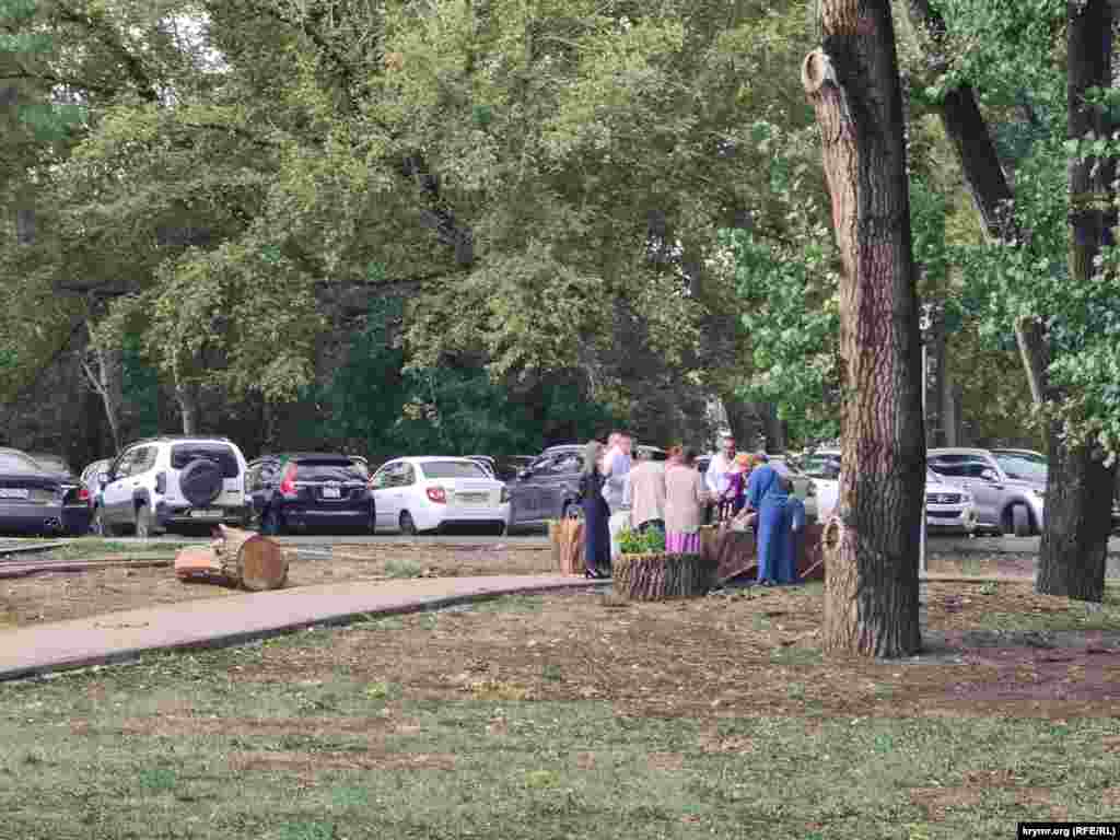 На пеньках, спиленных на нужды российских военных, деревьев в парке у Дворца культуры профсоюзов, устраивают застолья неприхотливые горожане