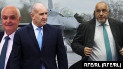 Колаж с министъра на отбраната Атанас Запрянов, президента Румен Радев и лидера на ГЕРБ Бойко Борисов на фона на българския самолет F-16