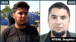 Кемаль Ель Шайрі в центрі для біженців у Канджізі на півночі Сербії 28 серпня 2015 року та на нещодавній фотографії